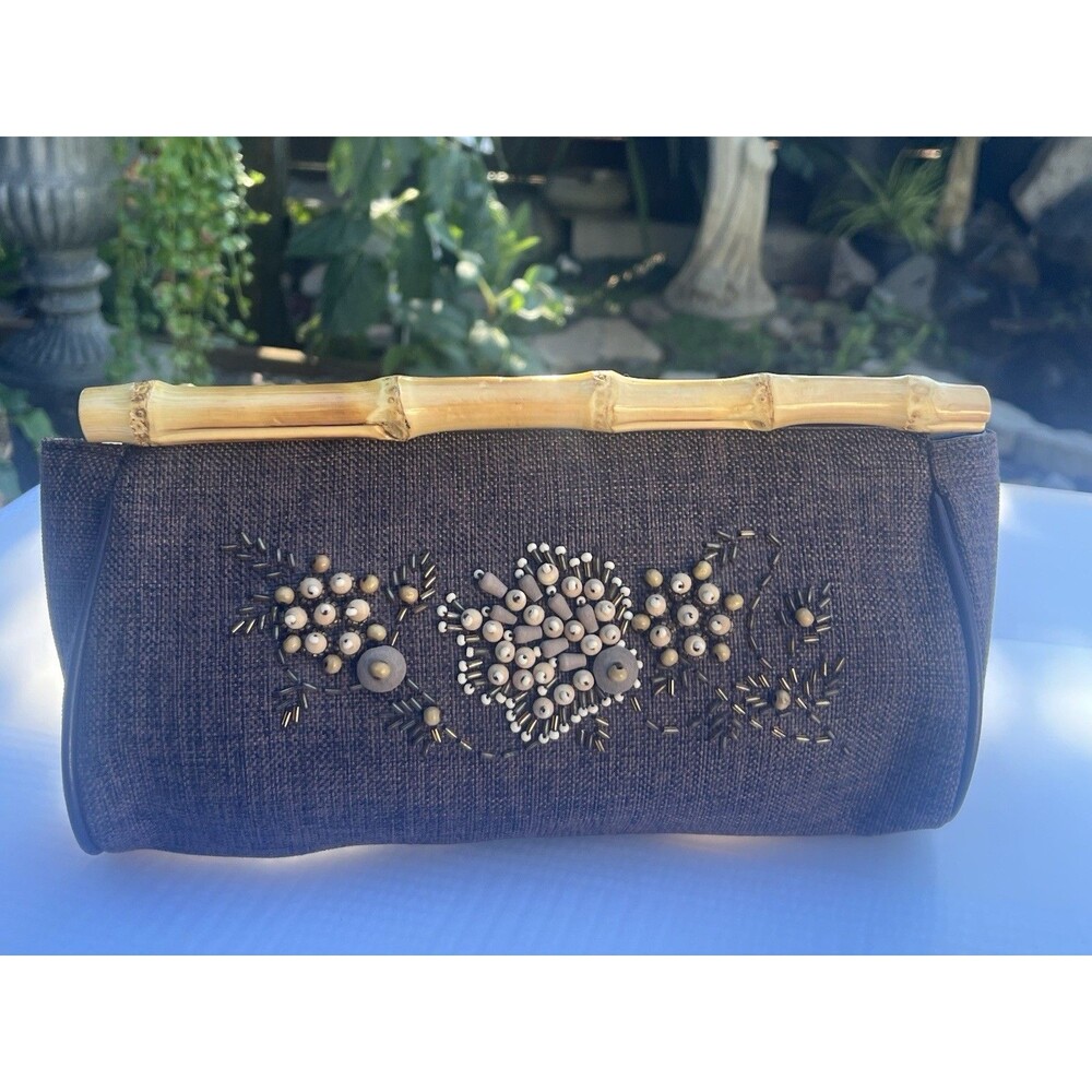 Vintage Beaded Brown Fabric Bamboo Cane Handled Clutch